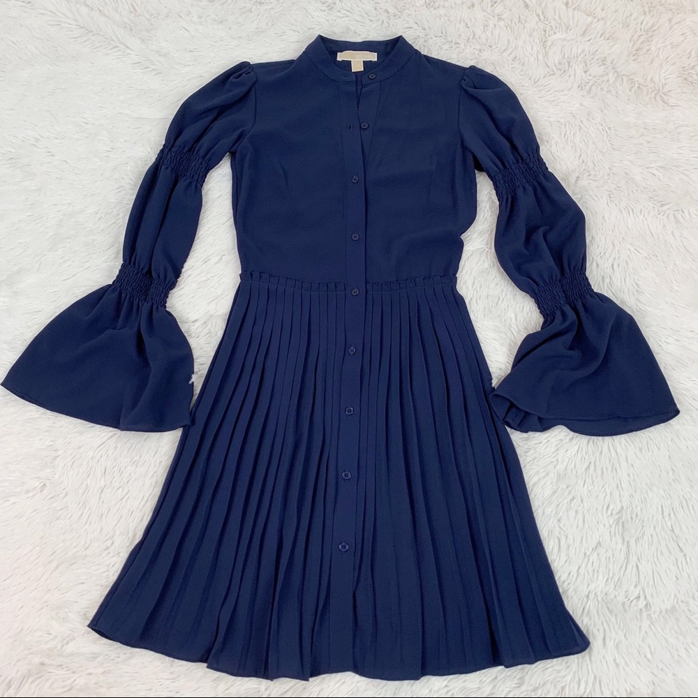 Michael Kors bell sleeve pleated button front dress navy blue